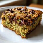 A close-up of a moist square of Chocolate Chip Zucchini Cookie Bars topped with melted chocolate chips on a white plate.