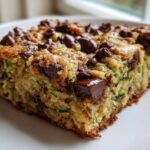 A moist, square slice of Chocolate Chip Zucchini Cookie Bars topped with melted chocolate chips, resting on a white plate.