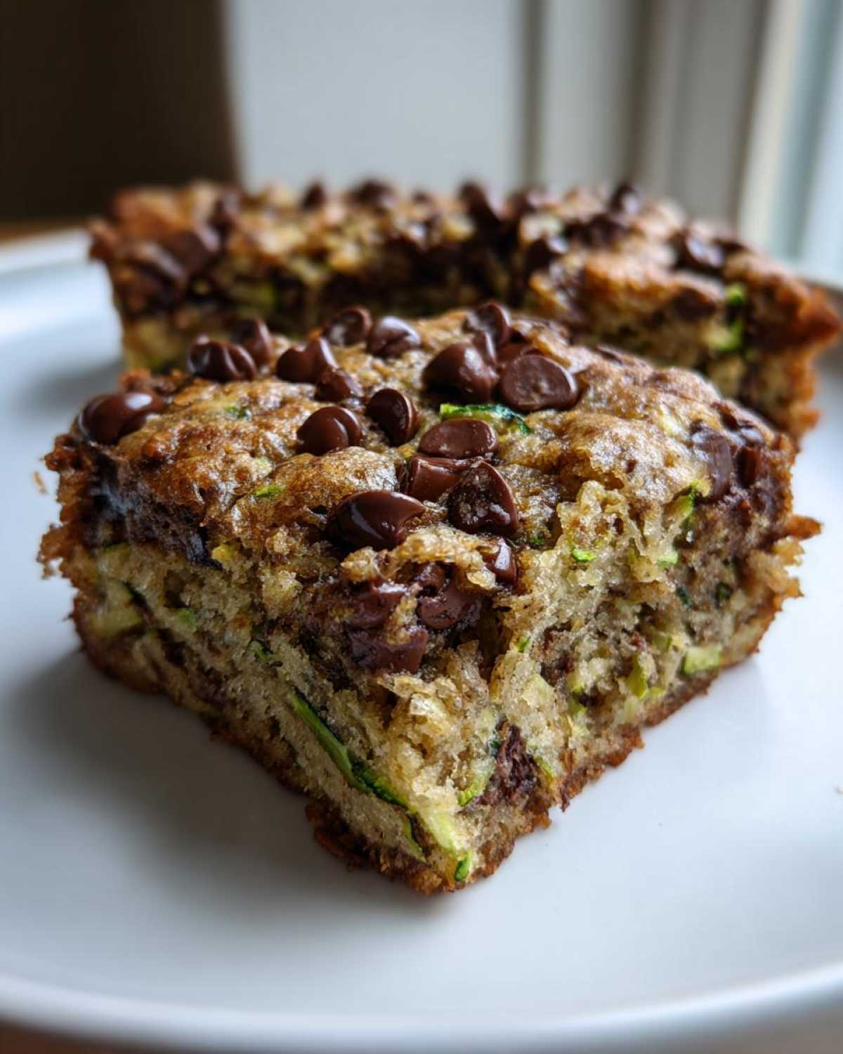 Close-up of a thick, moist slice of Chocolate Chip Zucchini Cookie Bars showing shredded zucchini and melted chocolate chips.