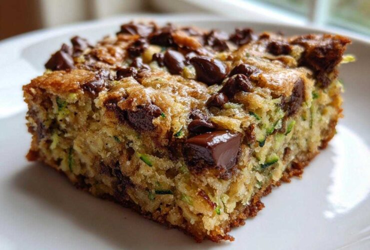 A moist, square slice of Chocolate Chip Zucchini Cookie Bars topped with melted chocolate chips, resting on a white plate.