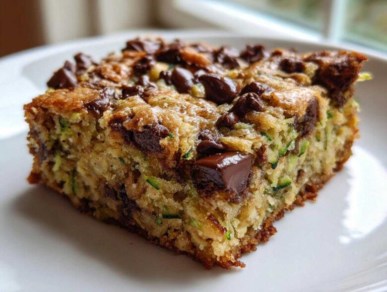 A moist, square slice of Chocolate Chip Zucchini Cookie Bars topped with melted chocolate chips, resting on a white plate.