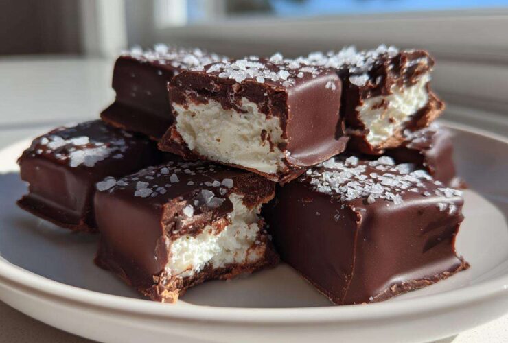 Stack of chocolate-covered cool whip candy squares topped with flaky sea salt, one piece is bitten.
