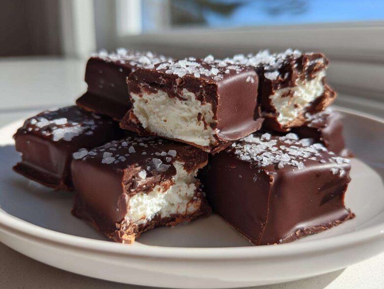 Stack of chocolate-covered cool whip candy squares topped with flaky sea salt, one piece is bitten.