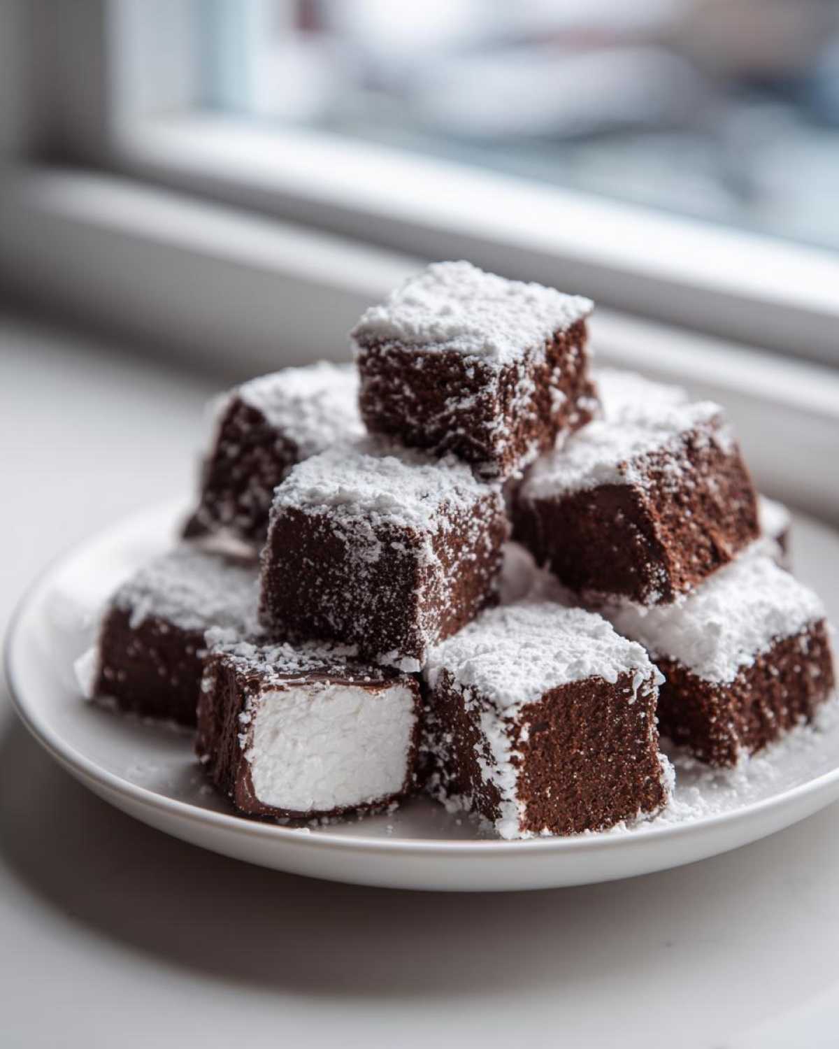 A stack of rich, dark chocolate squares with fluffy white centers, dusted with powdered sugar, representing cool whip candy.