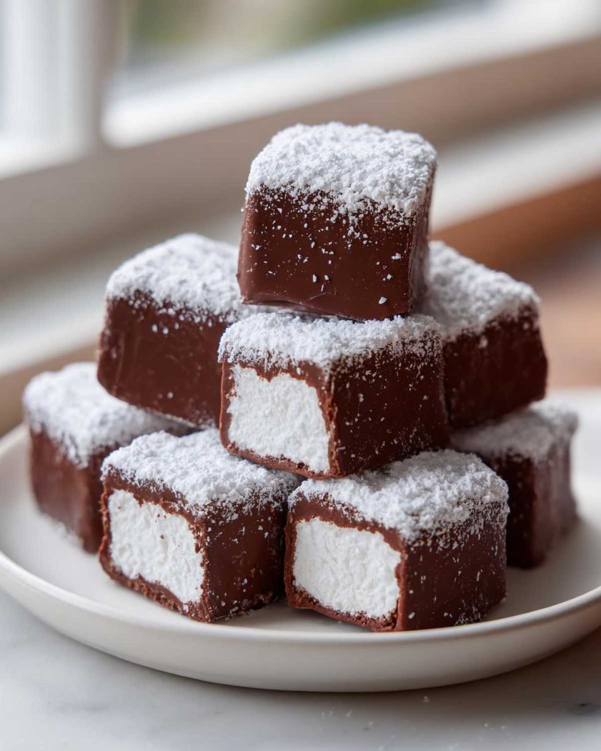 A stack of chocolate-covered squares with a fluffy white center, resembling cool whip candy, dusted with powdered sugar.