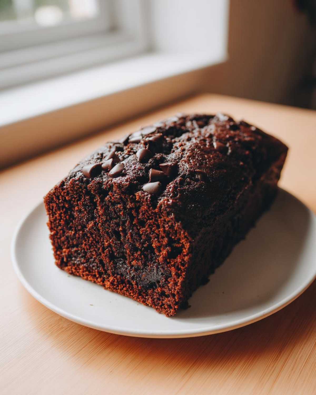 A dark, moist loaf of Chocolate Zucchini Banana Bread topped with chocolate chips, sitting on a white plate.