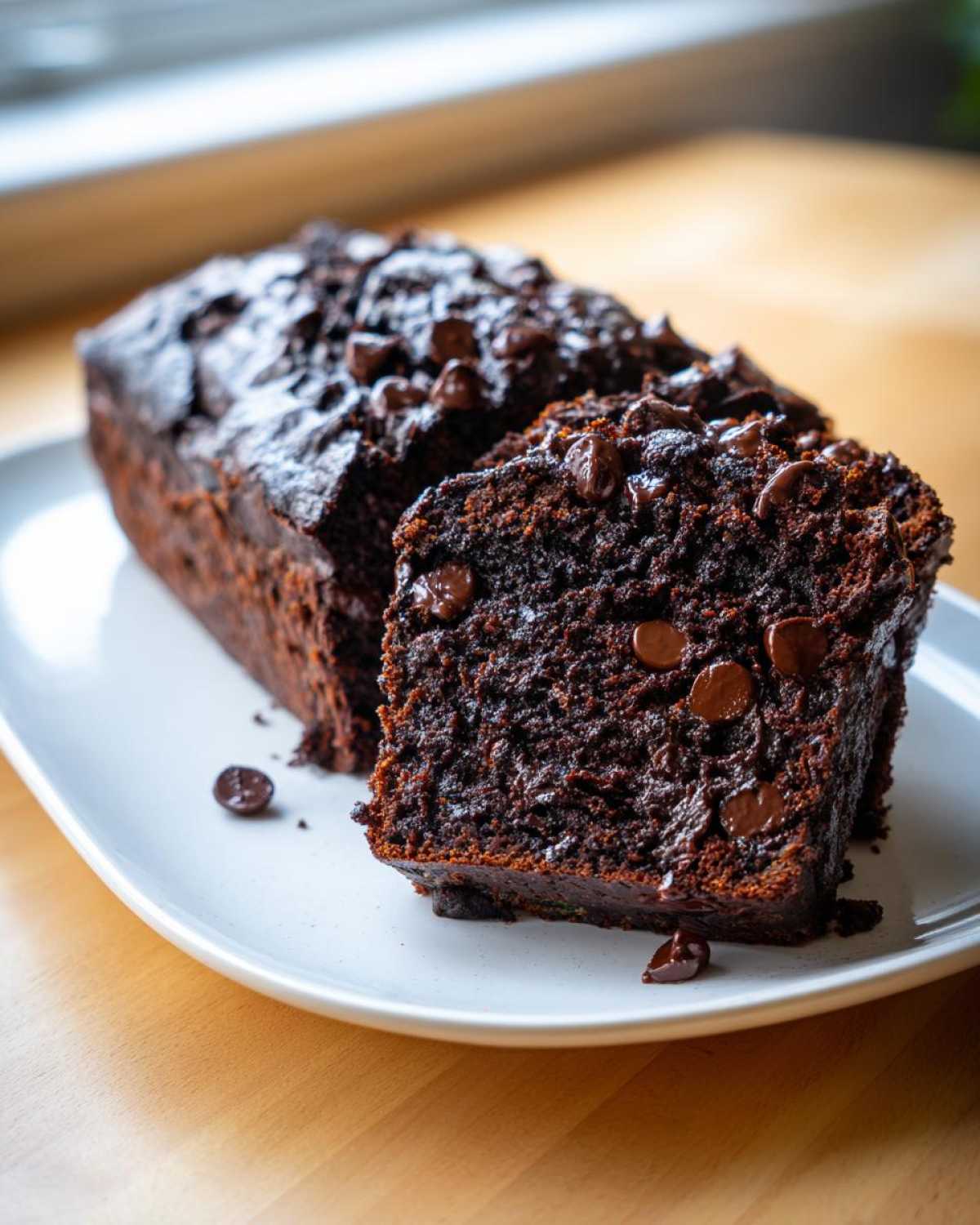 A rich, dark slice cut from a loaf of Chocolate Zucchini Banana Bread topped with melted chocolate chips.