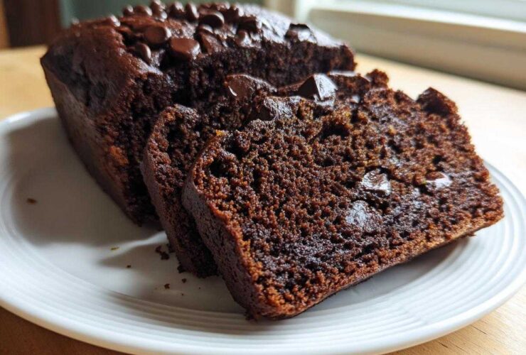 Close-up of a loaf of moist Chocolate Zucchini Banana Bread, sliced to show the rich interior and chocolate chips.