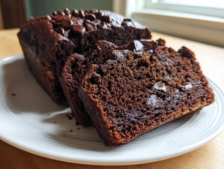 Close-up of a loaf of moist Chocolate Zucchini Banana Bread, sliced to show the rich interior and chocolate chips.