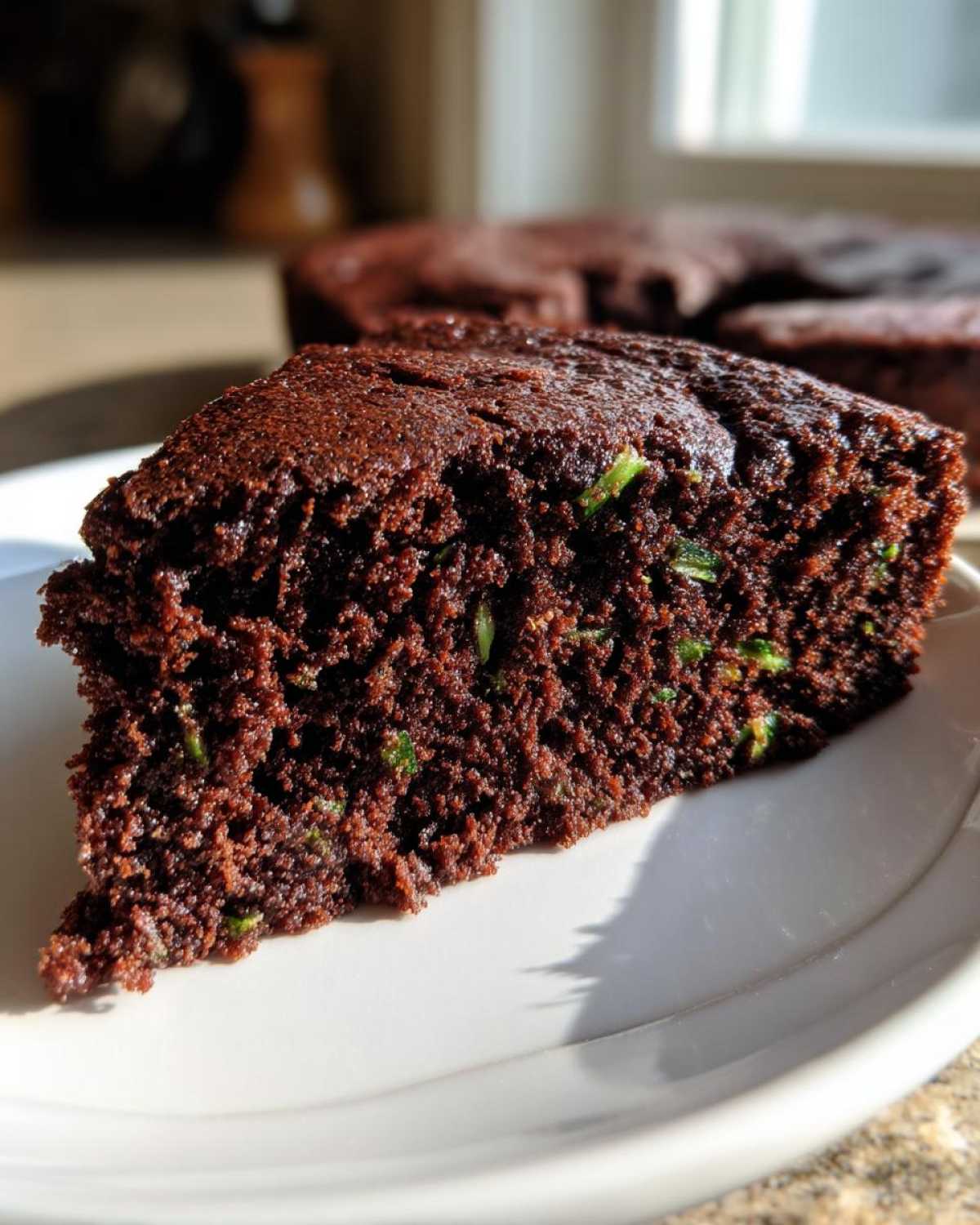 Close-up of a moist slice of dark chocolate zucchini sheet cake showing green shreds of zucchini.