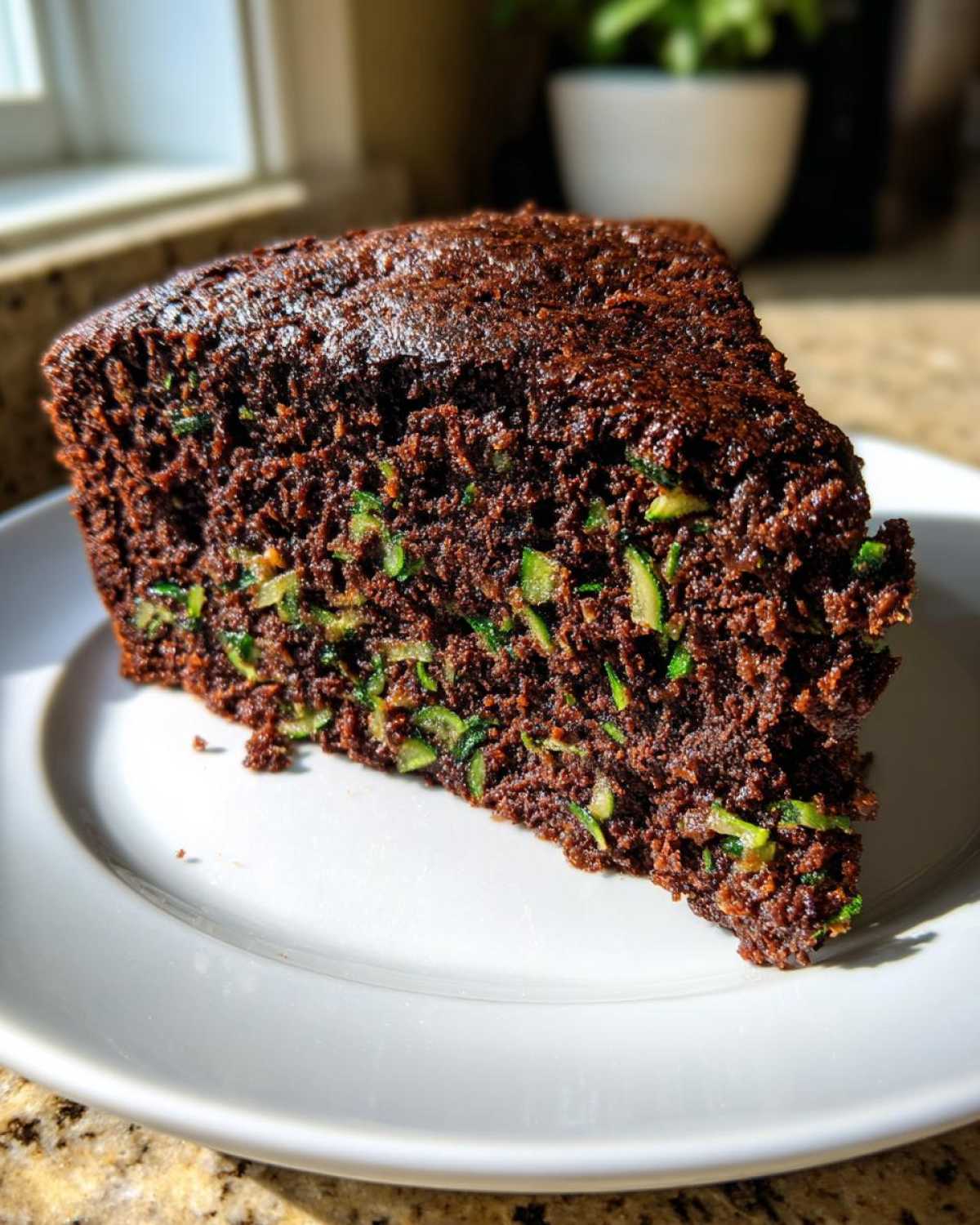 A moist slice of Crowd Favorite Chocolate Zucchini Sheet Cake showing visible shreds of green zucchini throughout the dark chocolate crumb.