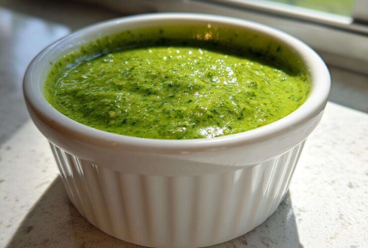 A close-up of bright green, freshly blended cilantro lime sauce served in a small white fluted ramekin.