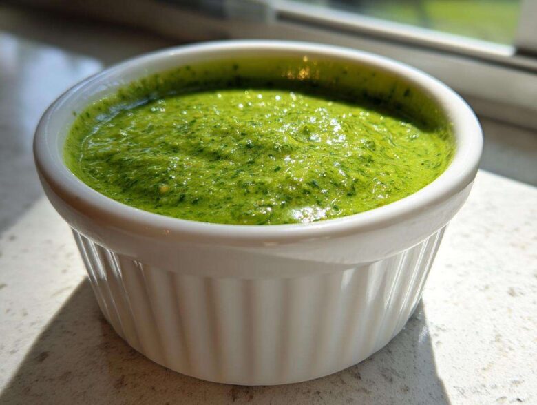 A close-up of bright green, freshly blended cilantro lime sauce served in a small white fluted ramekin.