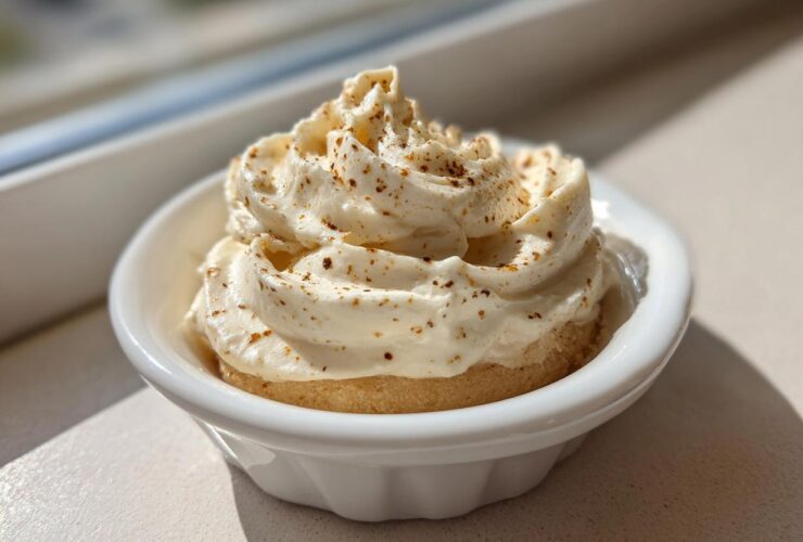A close-up of fluffy, piped cinnamon butter sprinkled with spice in a small white bowl.