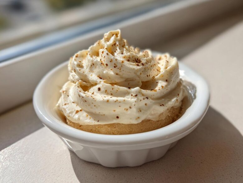 A close-up of fluffy, piped cinnamon butter sprinkled with spice in a small white bowl.
