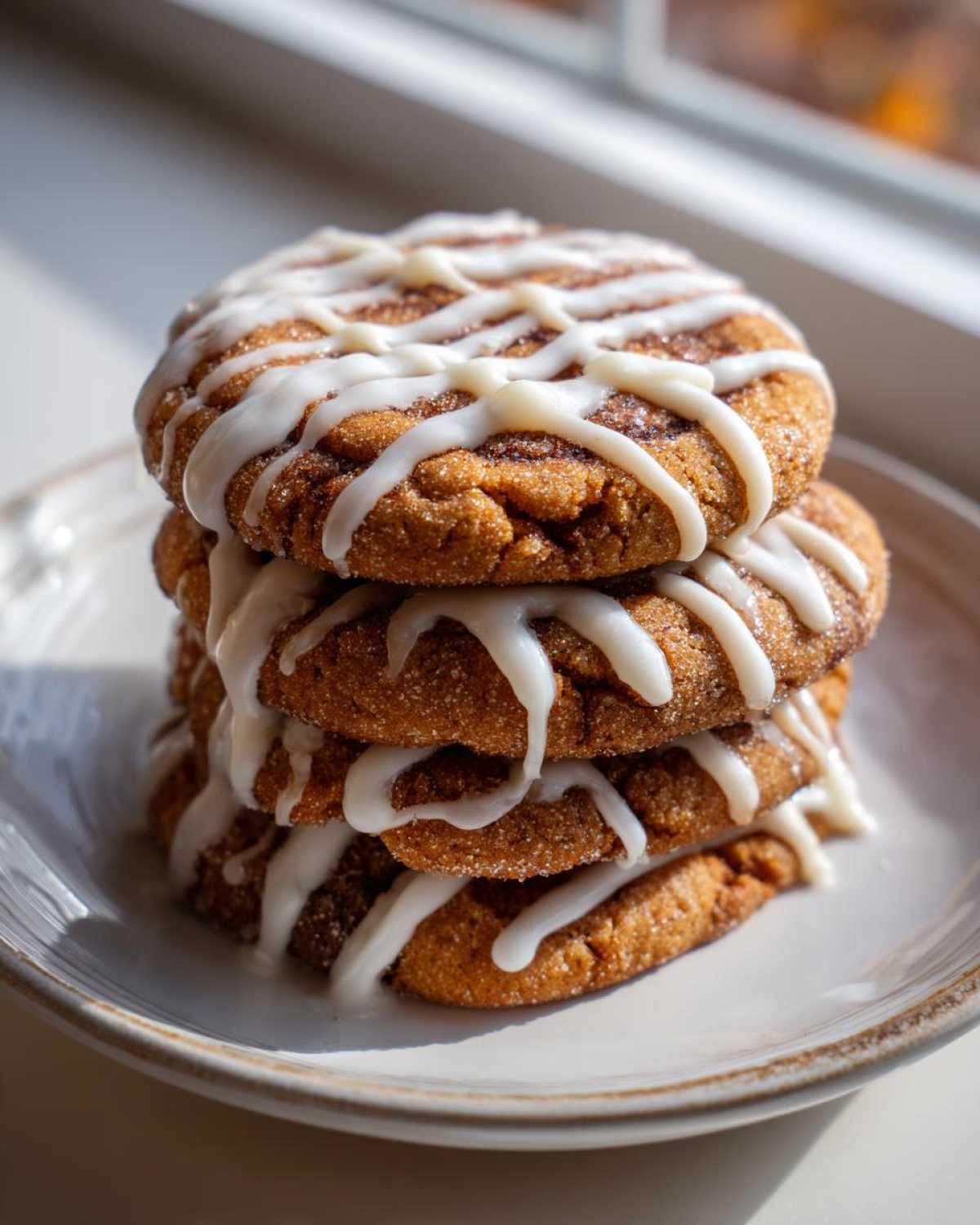 A vertical stack of four soft, brown cinnamon roll cookies coated in cinnamon sugar and drizzled with white icing.