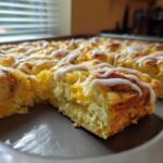 Close-up of a freshly baked cinnamon roll french toast bake, drizzled with white icing, in a grey baking dish.