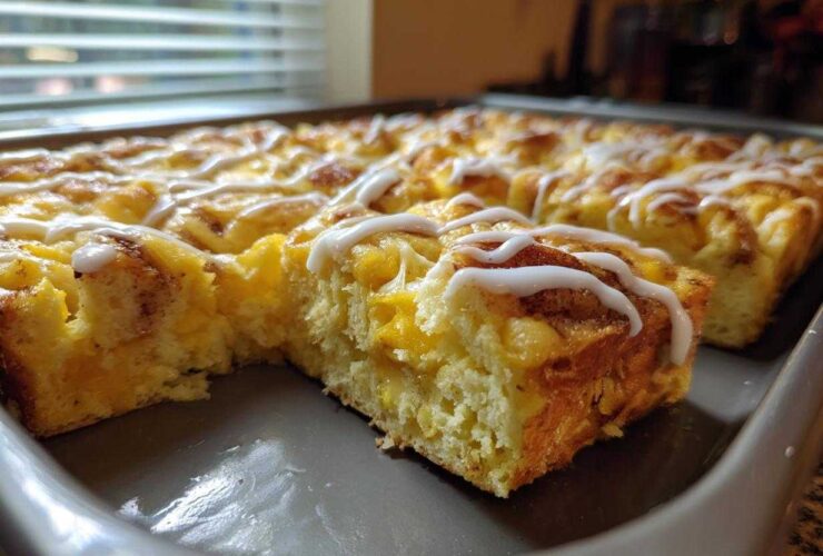 Close-up of a freshly baked cinnamon roll french toast bake, drizzled with white icing, in a grey baking dish.