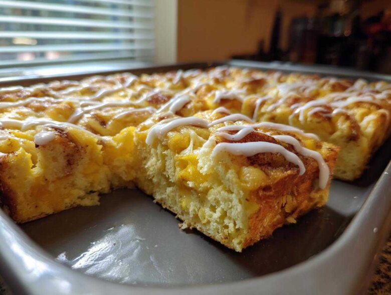 Close-up of a freshly baked cinnamon roll french toast bake, drizzled with white icing, in a grey baking dish.