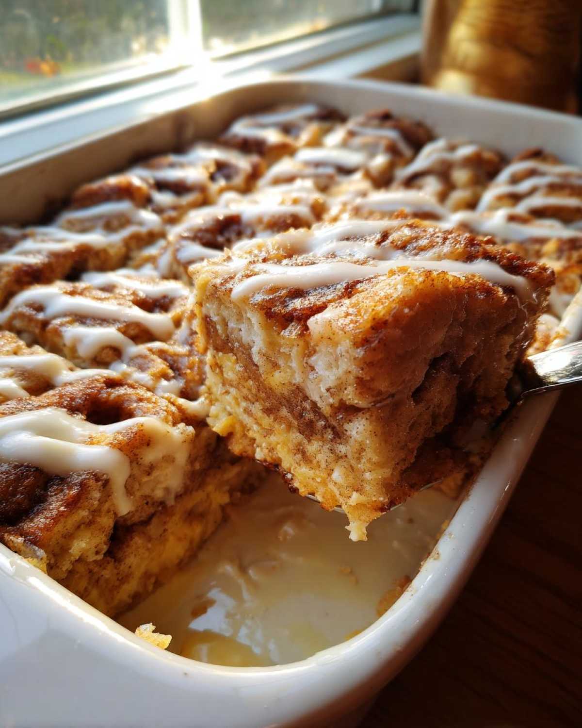 A square portion of cinnamon roll french toast bake being lifted from a white baking dish, drizzled with white icing.