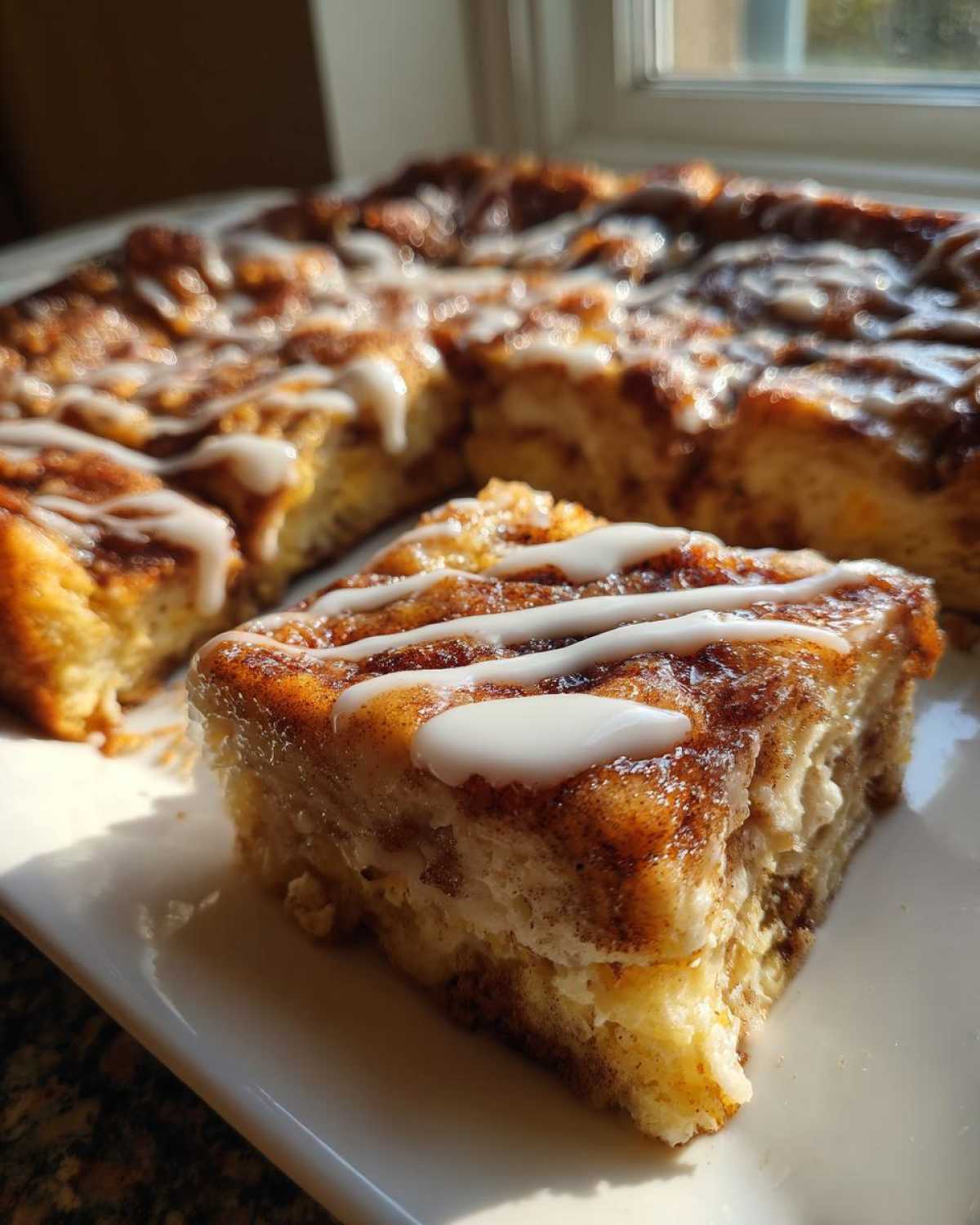 A close-up of a serving of cinnamon roll french toast bake, drizzled with white icing.