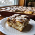 A close-up of a square serving of cinnamon roll french toast bake drizzled with white icing on a white plate.