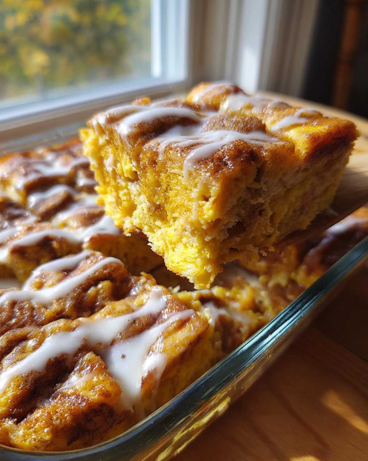 A square piece of golden cinnamon roll french toast bake being lifted from a glass dish, drizzled with white icing.
