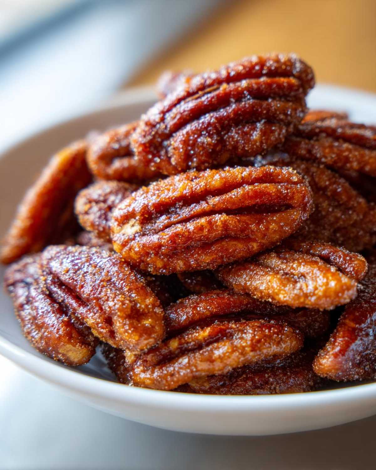 Close-up of glossy, caramelized Cinnamon Sugar Roasted Pecans coated in sparkling sugar crystals in a white bowl.