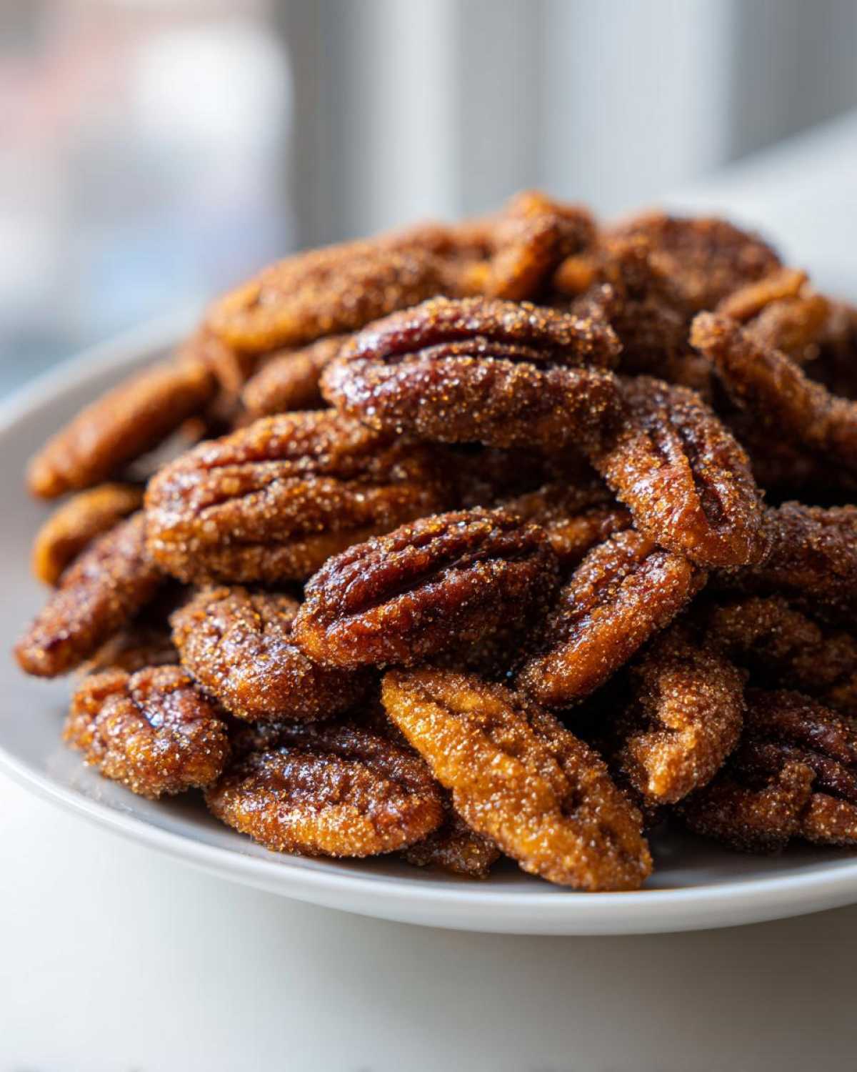 A pile of glossy, caramelized Cinnamon Sugar Roasted Pecans coated in sparkling sugar crystals on a white plate.