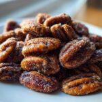 A close-up, featured image of a pile of glossy Cinnamon Sugar Roasted Pecans coated in visible sugar crystals on a white plate.