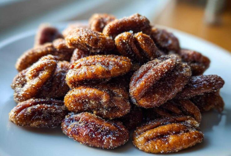 A close-up, featured image of a pile of glossy Cinnamon Sugar Roasted Pecans coated in visible sugar crystals on a white plate.