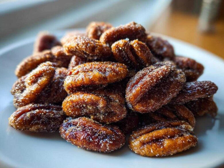 A close-up, featured image of a pile of glossy Cinnamon Sugar Roasted Pecans coated in visible sugar crystals on a white plate.