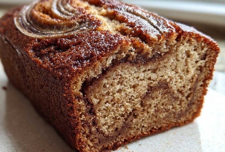 A close-up of a freshly baked cinnamon swirl banana bread loaf showing the moist crumb and cinnamon swirl inside.
