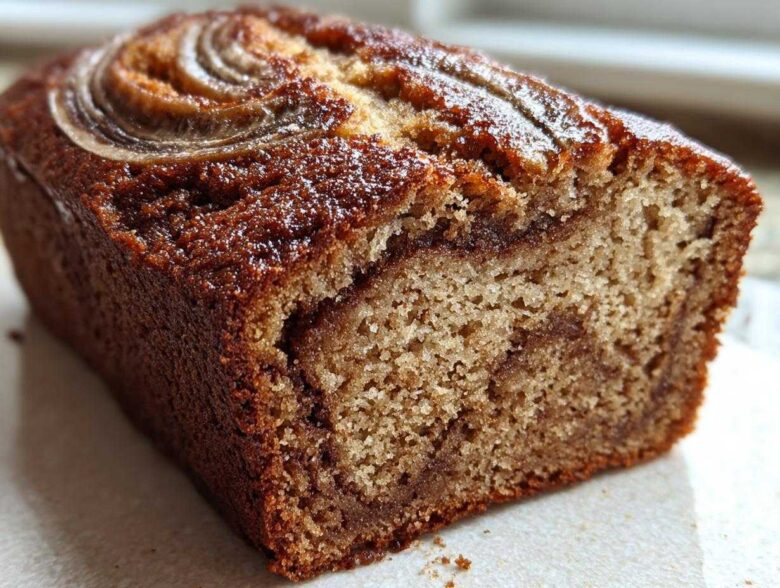 A close-up of a freshly baked cinnamon swirl banana bread loaf showing the moist crumb and cinnamon swirl inside.