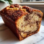 A close-up view of a freshly baked cinnamon swirl banana bread loaf showing the moist interior and dark cinnamon swirl.
