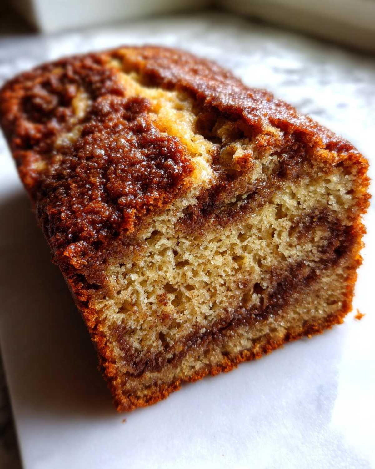 A close-up view of a slice of cinnamon swirl banana bread showing the moist crumb and dark cinnamon layer.