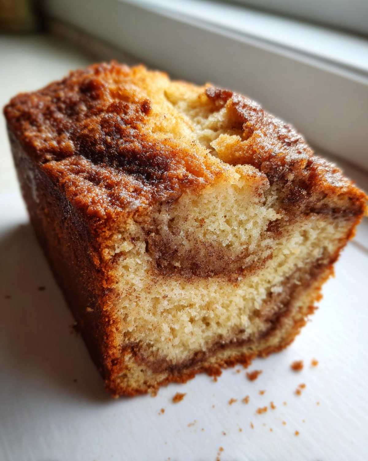 Close-up of a slice of cinnamon swirl banana bread showing the moist crumb and dark cinnamon swirl pattern.