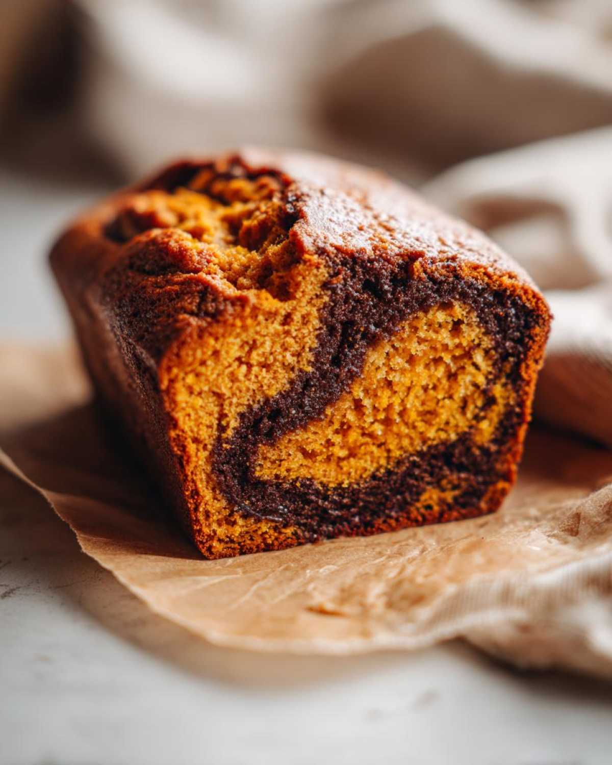 Close-up of a freshly baked cinnamon swirl pumpkin bread mini loaf showing the vibrant orange pumpkin batter swirled with dark cinnamon filling.