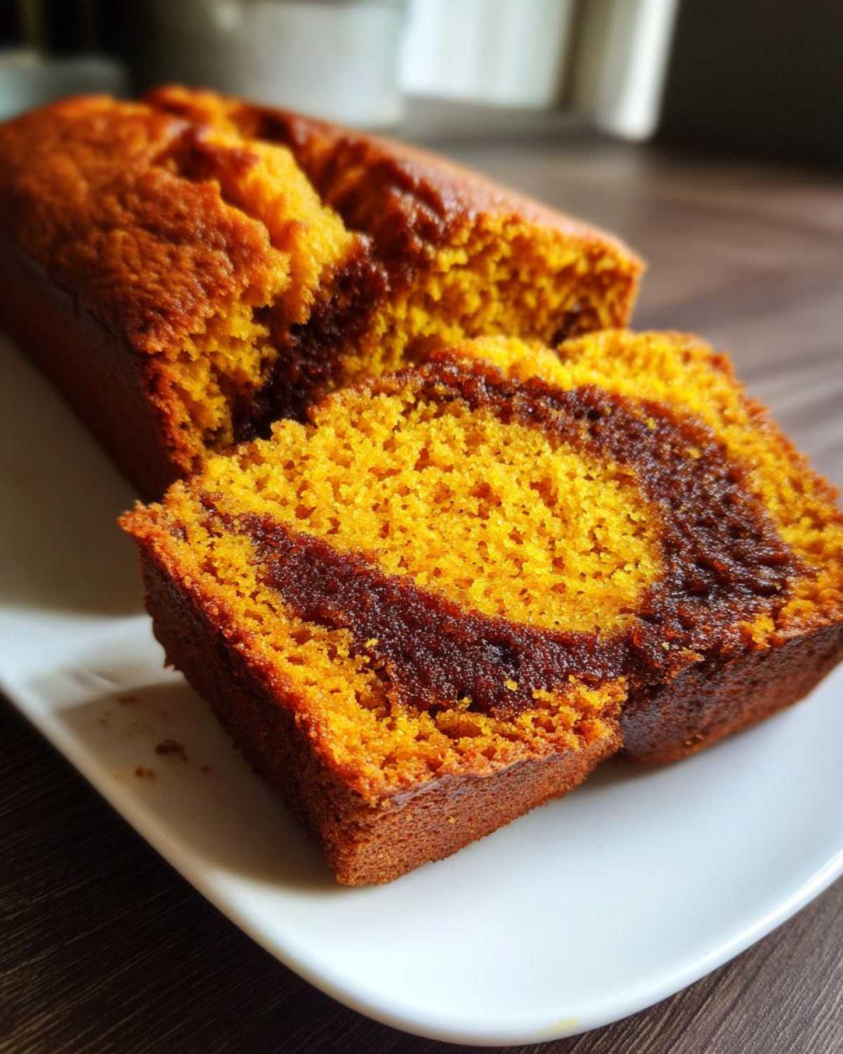 Close-up of sliced cinnamon swirl pumpkin bread mini loaves showing the vibrant orange pumpkin cake and dark cinnamon swirl.