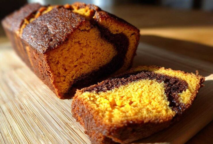 Close-up of a slice cut from a cinnamon swirl pumpkin bread mini loaf, showing the vibrant orange pumpkin batter swirled with dark cinnamon filling.