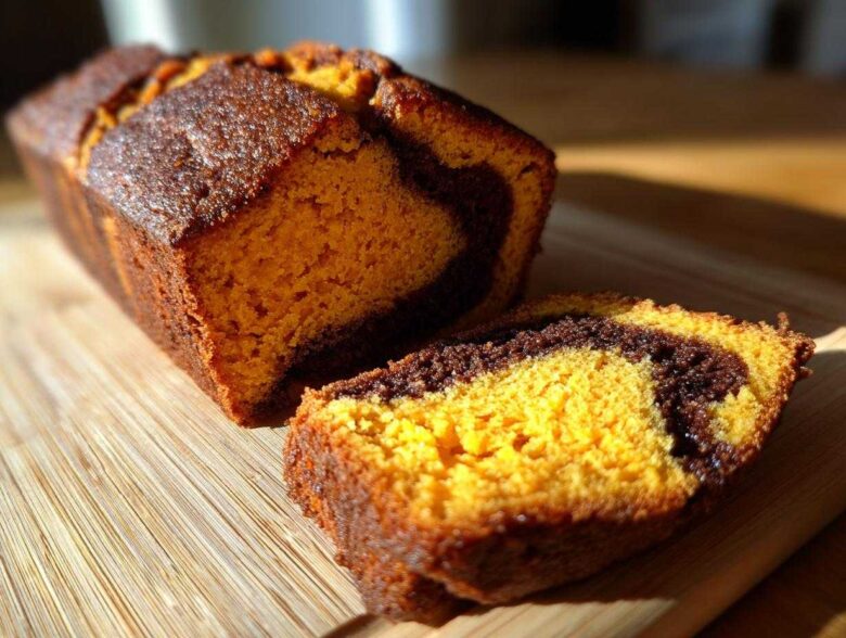 Close-up of a slice cut from a cinnamon swirl pumpkin bread mini loaf, showing the vibrant orange pumpkin batter swirled with dark cinnamon filling.