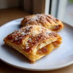 Close-up of a golden classic apple puff pastry theamazingfood, flaky and topped with coarse sugar.
