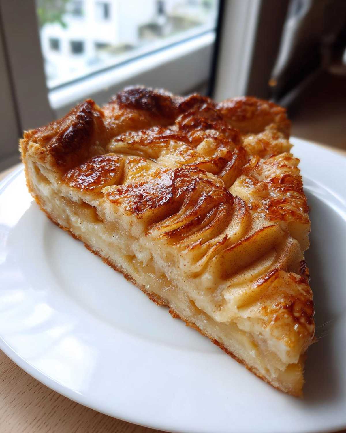 A close-up of a perfect slice of classic apple puff pastry, featuring layered, glazed apples on a white plate.