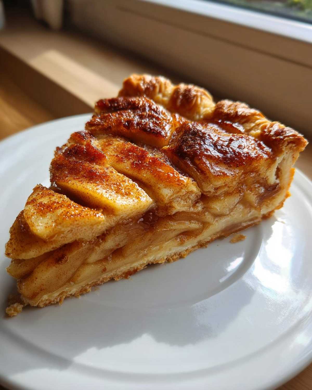 Close-up of a glistening slice of classic apple puff pastry, showing layered cinnamon apples and flaky crust.