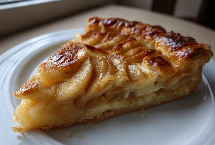 A close-up of a glistening slice of classic apple puff pastry on a white plate.