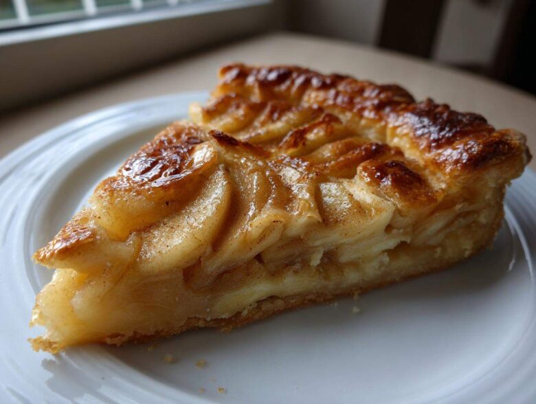 A close-up of a glistening slice of classic apple puff pastry on a white plate.