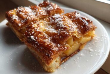 Close-up of two golden brown slices of classic apple puff pastry theamazingfood topped with coarse sugar.