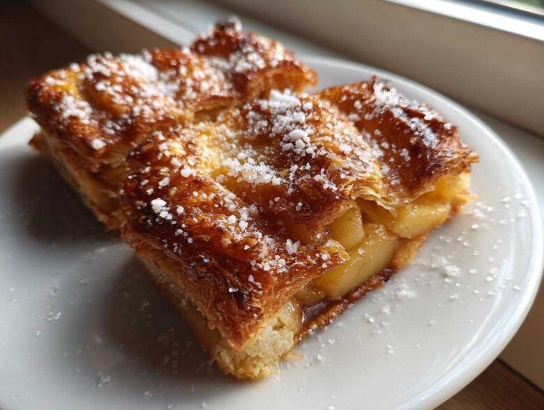 Close-up of two golden brown slices of classic apple puff pastry theamazingfood topped with coarse sugar.