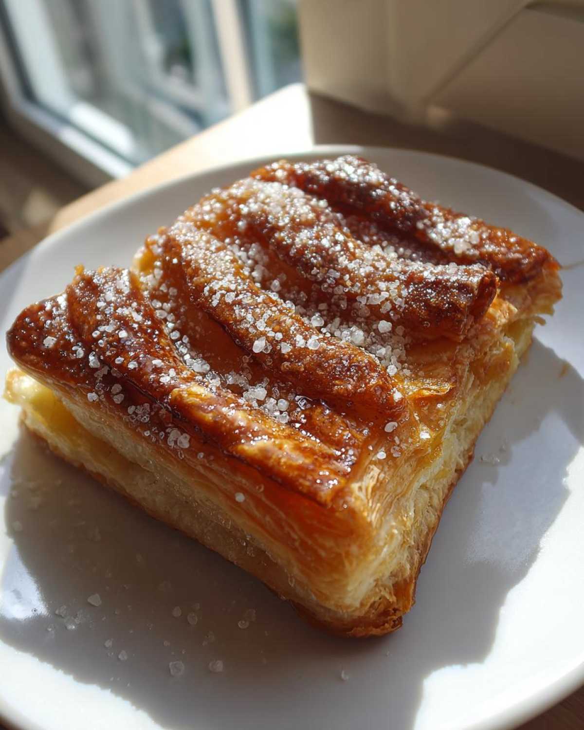 Close-up of a square piece of flaky classic apple puff pastry topped with caramelized glaze and coarse sugar crystals.