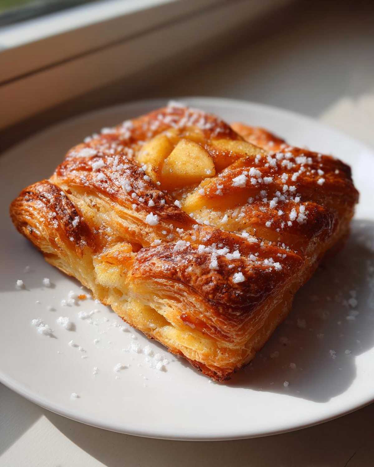 A golden, flaky classic apple puff pastry theamazingfood topped with diced apples and powdered sugar, resting on a white plate.